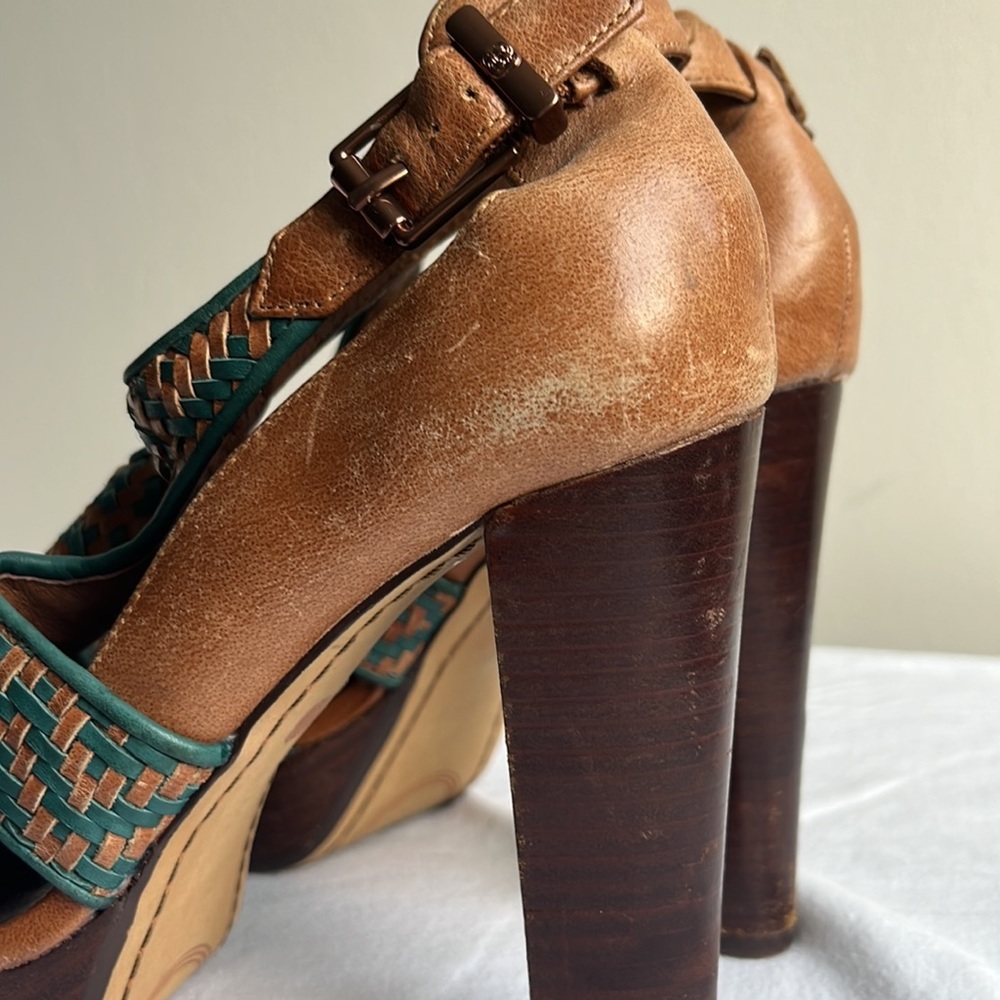 Elliott Lucca green and brown leather woven stacked heels - Picture 2 of 9